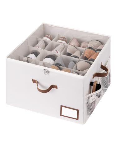 StorageWorks Shoe Organizer for Closet, Shoe Storage Bins with Clear Lid, Fabric Shoe Boxes with Side Mesh Pockets, Closet and Storage Bins for Slippers and Flats, Holds Up to 16 Pairs, Beige - color: Beige, size: Medium-1 Pack