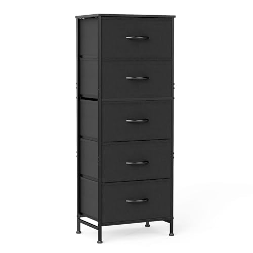 DUMOS Nightstand with 5 Drawers Bedside Table with Removable Fabric Bins Sturdy Steel Frame Wood Top Organizer Furniture for Bedroom Closet Living Room, Black - color: Black, size: 15.69"W x 11.8"D x 47.7"H(5 Drawers)