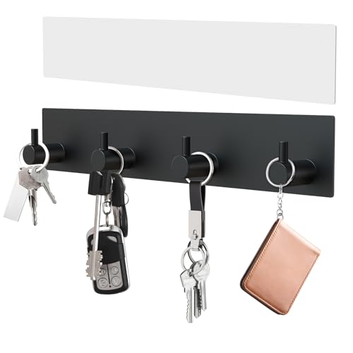 VIS'V Key Holder Wall Mount, Large Metal Self Adhesive Key Hanger with 4 Hooks, No Drilling, Extra Adhesive Strip, Black - color: Black
