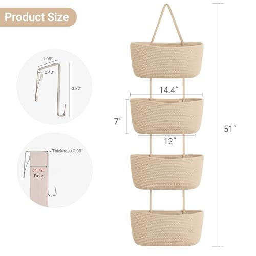 Dahey Over The Door Hanging Basket 4-Tier Woven Boho Wall Mounted Storage Organizer with Hooks for Bedroom Nursery Bathroom Apartments Dorm Pantry Decor, Jute - color: Jute, size: 4-Tier