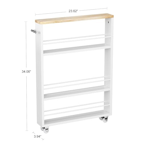 KLM 4 Tier White Slim Storage Cart with Handle, Slide Out Storage Rolling Utility Cart for Kitchen, Laundry, Narrow Places