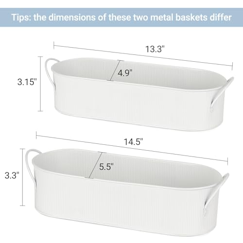 Mkono Metal Storage Basket for Toilet Tank Top Bathroom Decor, Galvanized Tray with Handle for Shelves, Farmhouse Toilet Paper Holder Organizing Bin Box for Countertop Living Room, Set of 2, White - color: White