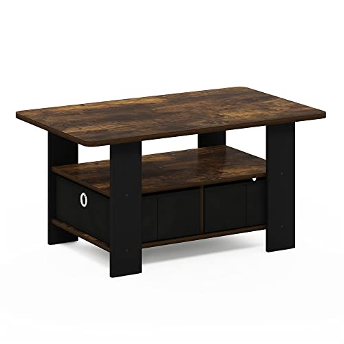 Furinno Andrey Coffee Table with Bin Drawer, Amber Pine/Black Small Non-Lift Top - color: Amber Pine/Black, style: 2 Bin