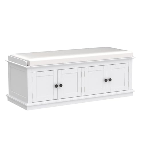 P PURLOVE Farmhouse Storage Bench for Entryway,Wood Storage Benches with Adjustable Shelves,Shoe Bench with Storage and Removable Cushion for Entryway,White - color: White, size: With 4 Door