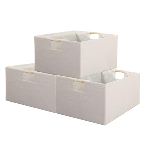 Fabric Storage Bin 3 Pack Foldable Cotton Linen Storage Basket with Wooden Handles Rectangular Cube Box - Beige, Large - color: Beige, size: Large