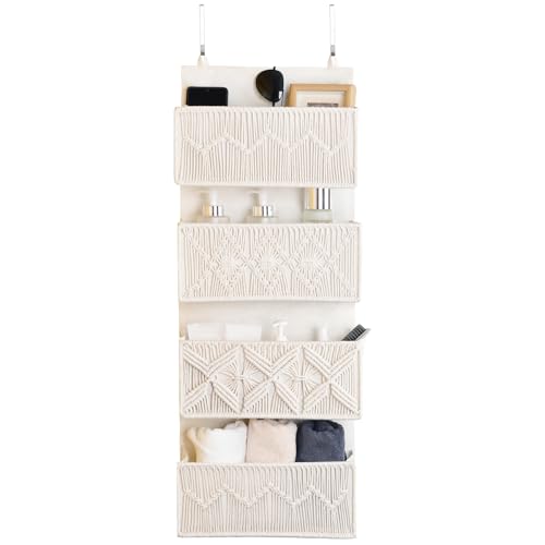 janebeauties Over the Door Organizer Macrame Boho Nursery Storage with 4 Large Woven Pockets, Hanging Basket for Bathroom, Nursery & Closet Doors, Behind the Door Storage Organizer, Cream White