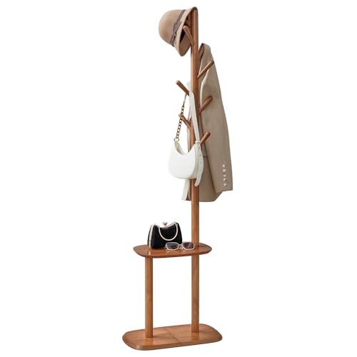 VASAGLE Coat Rack, Free Standing Coat Stand, Hall Coat Tree with 8 Hooks and Storage Shelf, 67.2 Inch Tall, for Coats, Hats, Bags, for Entryway, Hallway, Bedroom, Caramel Brown URCR040K01 - color: Caramel Brown, style: rectangular tray