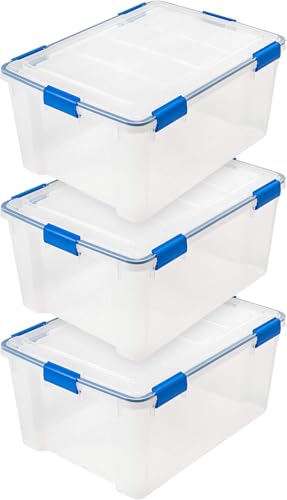IRIS USA WeatherPro 60 Qt Storage Bins with Lids, 3 Pack, BPA-Free Plastic Gasket Box with Tight Latch and Seal, Stackable Nestable Tote Tub - Clear/Blue - size: 60 Qt. - 3 Pack