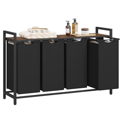 VASAGLE Laundry Hamper, Laundry Basket, Laundry Sorter with 4 Pull-Out and Removable Bags, Shelf, Metal Frame, 4 x 10.6 Gallons (40 L), 45.7 x 13 x 28.4 Inches, Ink Black and Rustic Brown UBLH401B01 - color: Black + Rustic Brown, size: 4 Bags - 160 L