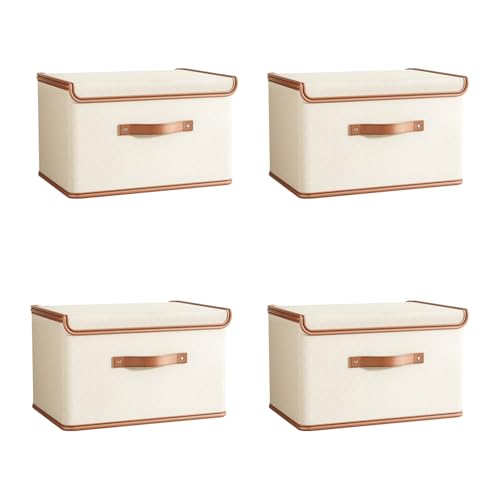 Tuza 4 Pack Storage Bins with Lids, Collapsible Closet Organizer Container, Fabric Organizer Box with Handles, Decorative Storage Boxes with Lids for Organizing Clothes, Books, File, White, Medium - color: White, size: 4 Pack - Medium