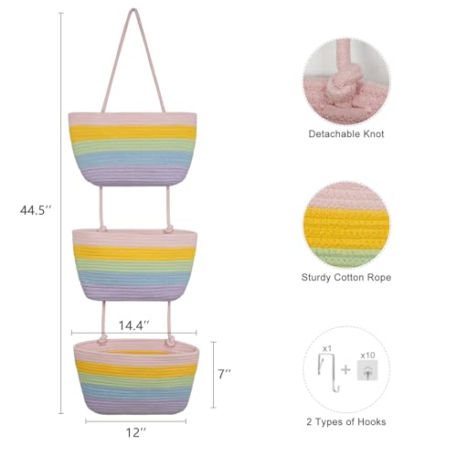 TeoKJ Over the Door Hanging Basket, 3-Tier Woven Cotton Wall-Mounted Storage Organizer Bag Decorative Hanging Nursery Baskets, Rainbow - color: Rainbow