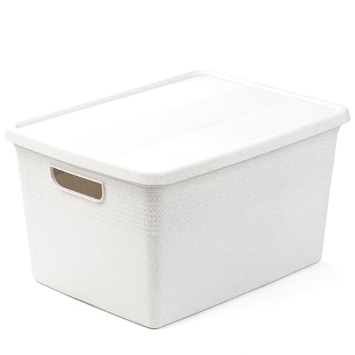 BINO | Plastic Storage Bins with Lids, 22 Liter - 3 Pack, White | THE BRAIDED COLLECTION | Plastic Bins for Organization Woven Storage Baskets for Organizing Pantry Shelf Organizer Basket Bin - color: White, size: 22L | 3-Pack