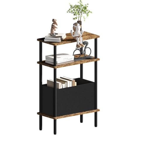 Narrow Side Table with Fabric Basket, End Table for Small Spaces, Slim Nightstand with 3-Tier Storage Shelf, Sofa Beside Table, for Living Room, Bed Room, Rustic Brown - color: Rustic Brown