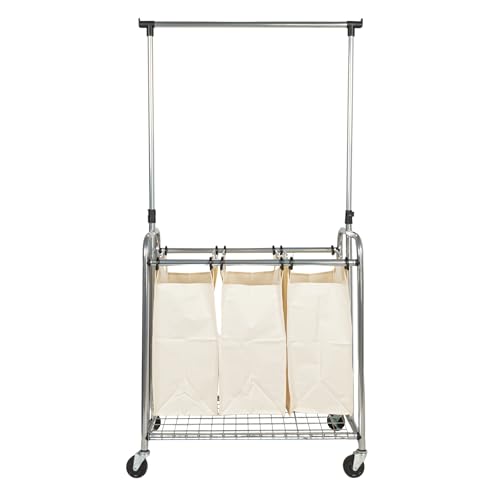 Household Essentials 3-Bag Laundry Sorter with Clothes Rack, Silver, Lightweight, Removable, Sturdy