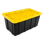 Sterilite 38 Gal Industrial Tote, Stackable Storage Bin with Snap-Fit Lid for Garage, Basement & Attic Storage, Black Base and Yellow Lily Lid, 4-Pack - size: 38 Gallon