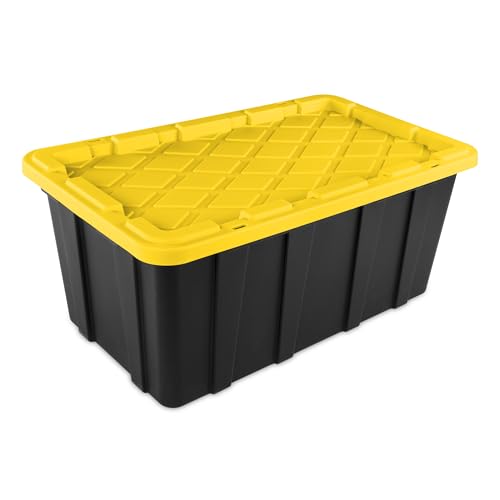 Sterilite 38 Gal Industrial Tote, Stackable Storage Bin with Snap-Fit Lid for Garage, Basement & Attic Storage, Black Base and Yellow Lily Lid, 4-Pack - size: 38 Gallon