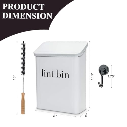 Magnetic Lint Bin with Lint Brush, Two White Hooks, one Black Back Side Hook & All Accessories for Laundry Room Decor, Wall-Mounted Lint Bin with Lid, White Powder Coated, Space-Saving Trash Can - color: White
