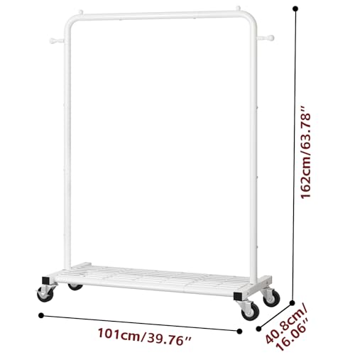 Sywhitta Clothing Rack on Wheels with Mesh Storage Shelf & Sturdy Metal Frame, Rolling Garment Rack for Hanging Clothes, Coats, Skirts, 39.76" L x 16" W x 64.56" H,White - color: White
