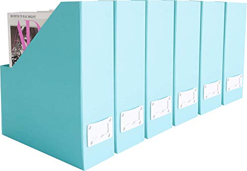 BLU MONACO Set of 6 Aqua Magazine File Holders | Foldable Magazine Storage Boxes with White Leather Label Holders | Vertical File Organizer for Desk, Shelves & Home Office - color: Aqua