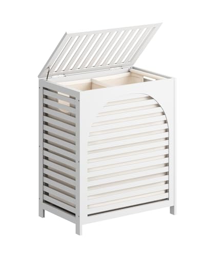 White Laundry Hamper, Laundry Hamper with Lid, 27.3 Gallon (103L) Bamboo Wood Clothes Laundry Basket with Lid and Handles, Removable Liner - color: White, size: Extra Large