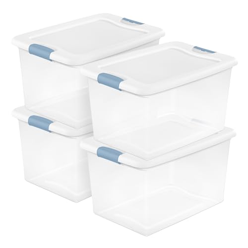 Sterilite 4-Pack 64 Quart Latching Box, Clear Plastic Storage Organizer Bins with White Lids - Large Stackable Containers for Home Bedroom, Dorm Room, and Closet Organization - size: 64 Quart, style: 4 Pack