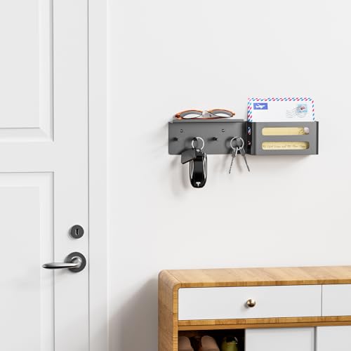 Key and Mail Holder for Wall, Key Hooks Rack Hanger Organizer Wall Mount with Small Shelf, Metal Entryway Living Room Storage Decor for Coat Purse Bag Wallet Dog Leash, White - color: Black