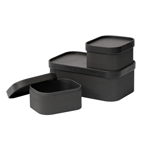 LA JOLIE MUSE Fluted Cardboard Storage Baskets with Leather-Like Lids, Paper Boxes Decorative Tray, Modern Basket Organizer Bins for Jewelry Shelve Bathroom Bedroom Organizing,Black, Set of 3 - color: Black