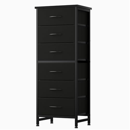 Sweetcrispy Tall Fabric Dresser for Bedroom, 6 Drawer Skinny Chest of Drawers, Narrow Storage Tower with Wood Top and Metal Frame, Vertical Nightstand for Closet, Bedroom Organization Furniture, Black - color: Black, size: 11.8"D x 15.7"W x 39.4"H (6 Draw