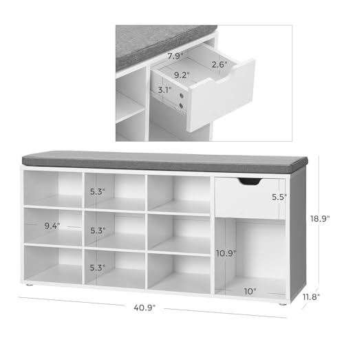 VASAGLE CUSTOS Collection - Storage Bench, Entryway Bench with Cushion, Drawer and Open Compartments, Bench with Storage, Living Room, Bedroom, Closet, White and Gray ULHS24WT - color: White + Gray
