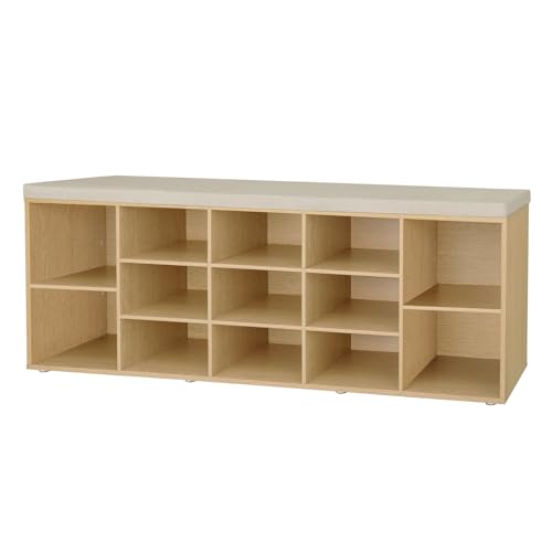 DINZI LVJ Shoe Storage Bench with Cushion, 13-Cubby Shoe Rack, Adjustable Shelves, Multifunctional Shoe Organizer Bench for Entryway, Mudroom, Hallway, Living Room, Bedroom and Garage, Natural - color: Natural, size: 13 Cubby