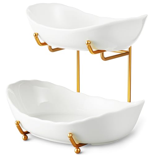 2 Tier Ceramic Fruit Bowl for Kitchen Counter, Tiered Fruit Basket for Countertop, Modern Multi Layer Fruit Display Stand for Party, Cute (Gold&White, Small) 1 - color: Gold&White, size: Small