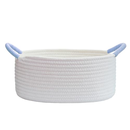 Yimi's Dream Basket for Gifts, Small Cute Shelf Baskets for Babies, Wedding, Birthday, White Rope Baskets with Blue Handle for Home Decor(Oval, 12"x 8"x 5") - color: white with blue handle, size: Oval - 12"x8"x5"