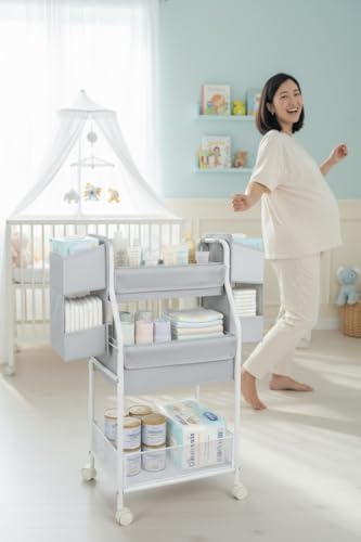 Moteph Rolling Utility Cart with Side Storage, 3-Tier Diaper Cart & Baby Caddy Organizer for Nursery Essentials, Bedside/Postpartum Nursing Cart, Craft & Art Storage Organizer, Rolling Book Cart - size: WITH_SIDE_STORAGE