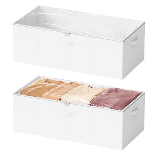 SpaceAid 2 Pack 10" High Under Bed Storage Containers, Large Underbed Storage Organizer Bins with Lids for Bedroom, Dorm, Clothes, Closet Organization, Bed Sheets and Blankets (White) - color: White