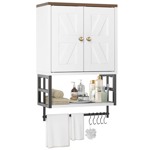 Farmhouse Medicine Cabinet - 3-Tier Wall Mounted Storage Organizer with Adjustable Shelves, Towel Bar, 5 Hooksfor Small Bathroom, Laundry Room, Over Toilet, Living Room, Bedroom (White) - color: White, size: 15.79 inches x 7.87 inches x 24.4 inches
