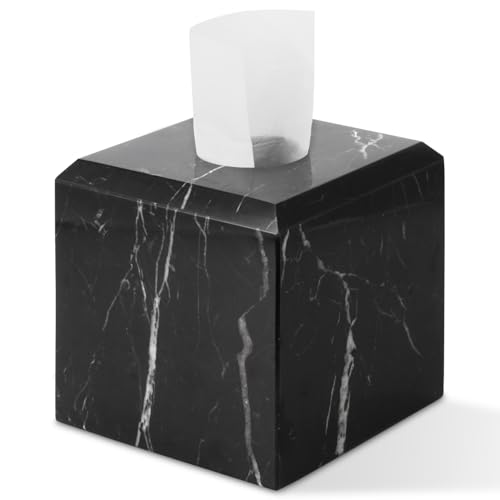 Natural Marble Square Tissue Box Cover ,Stone Modern Decorative Sturdy Napkin Box Holder Case,Facial Paper Organizer for Bathroom Vanity Toilet Countertop,Kitchen (1, Black Marquina, 5.71*5.71*5.51) - color: Black Marquina
