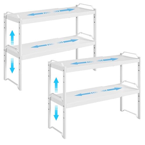 4 Pack Kitchen Cabinet Shelves Organizers, Kitchen Counter Storage Shelf Spice Rack, Expandable Length, Adjustable Height, Stackable, Sturdy 30LBS Bearing, Small Cupboard Tabletop Organizer Shelf Rack - color: White, size: 4 Pack (L=12.6"-20.5")