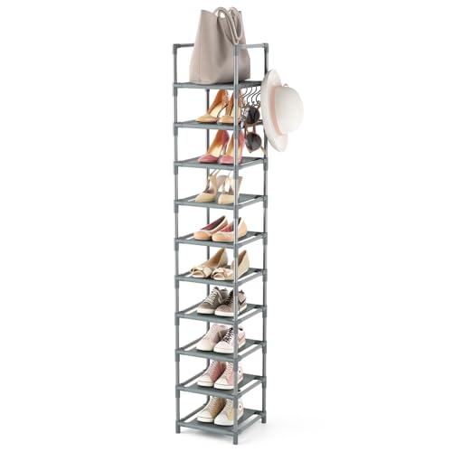 LANTEFUL Narrow Shoe Rack 10-Tier Tall Shoe Organizer Skinny Shoe Shelf Storage for 10-15 Pairs Shoe and Boot, Space Saving Corner Shoe Rack Organizer for Closet, Entryway, Living Room, Grey - color: Grey, size: 10 tiers