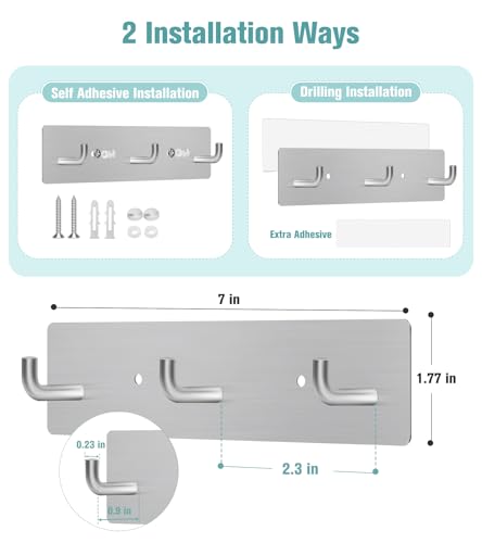 RELBRO Key Holder Wall Mount, Small Metal Self Adhesive Key Rack with 3 Hooks, 2 Installation Options, Silver - color: Silver