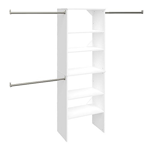 ClosetMaid SuiteSymphony Wood Closet Organizer System, 25-Inch Starter Kit with Tower and 3 Hang Rods and Shelving, Adjustable Shelves, Customizable Insert, Reach-in or Walk-in Closets, Pure White - style: Pure White Finish