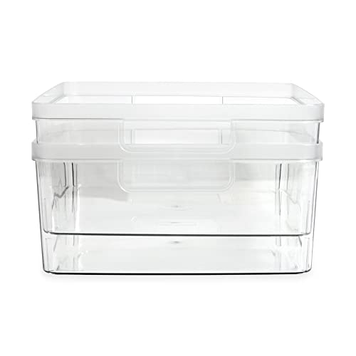 Isaac Jacobs 2-Pack Large Clear Storage Bins (11.5” L x 14” W x 5.5” H) w/Cutout Handles, Plastic Organizer for Home, Office, Kitchen, Fridge/Freezer, Bathroom, BPA Free, Food Safe (Large) - size: Large