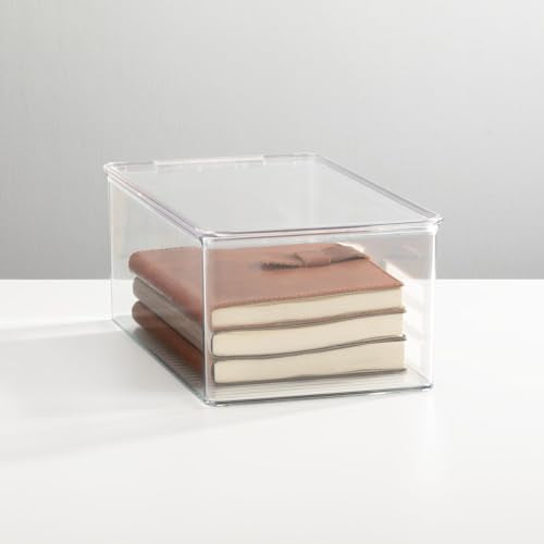 mDesign Plastic Stackable Home Office Storage Organizer Box with Hinge Lid - Holder Container Bin for Note Pads, Gel Pens, Staples, Dry Erase Markers, Tape, Supplies - Lumiere Collection - Clear - size: 12.75 x 7.25 x 5 (Pack of 1)