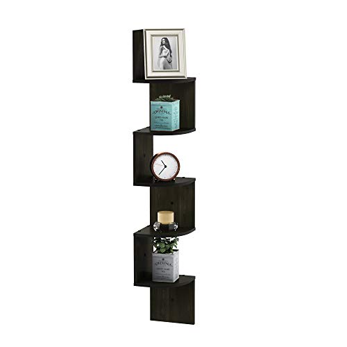 Furinno ROSSI Floating Book Shelves for Wall, 5-Tier Zigzag Corner Shelf Wall Mounted, Radial Corner Floating Shelf, for Living Room, Bedroom, Bathroom, Home Office, Espresso