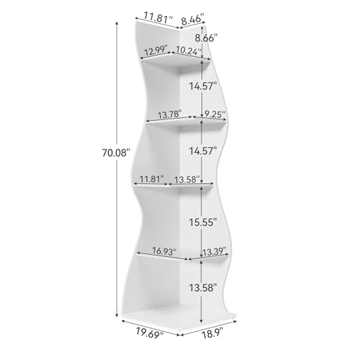 LITTLE TREE 70-Inch Corner Shelf, Seaweed Shaped Etagere Display Bookshelf, Freestanding 5-Tier Wall Shelves for Small Spaces, Living Room, Bedroom, White, 1 Pack - color: White, size: 1 Pack