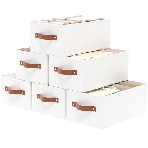 OUTBROS Fabric Storage Boxes, Foldable Bins With Handles, Wardrobe Baskets for Organizing, For bedrooms, living rooms, Shelves, White, 16.1 x 6.5 x 9.8 inch, 6-Pack - color: White, size: 16.1x6.5x9.8in(6-Pack）