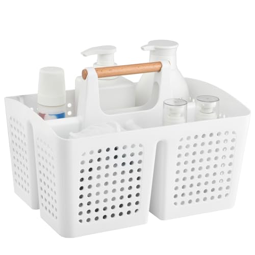 Portable Shower Caddy Basket with Compartments, Plastic Divided Cleaning Caddy Organizer Storage Tote with Handle for Bathroom, College, Dorm Room Essentials, White - color: White
