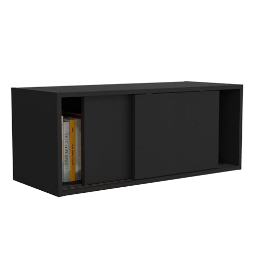 Tuhome Note 32-Inch Wide Wall Mounted Storage Cabinet with Sliding Doors, Compact Hanging Organizer for Bedroom, Living Room, Home Office & Garage | Wood Wall Cupboard, Space-Saving Storage Solution - color: Dark Wenge