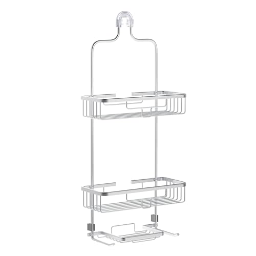 Zenna Home Rustproof Hanging Shower Caddy, Over the Shower Head Caddy with 2 Shelves and Built In Hooks, Aluminum Bathroom Hanging Organizer, Satin Chrome - color: Satin Chrome