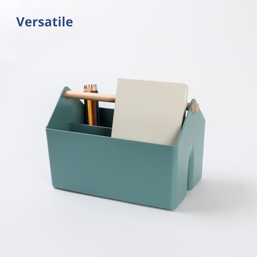 BLUE GINKGO Medium Storage Basket – Plastic Caddy with Wooden Handle for Office, Arts & Crafts, or Home Supplies (Green) - color: GREEN, size: Medium
