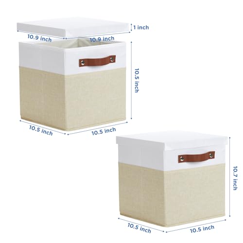 Temary Foldable Fabric Storage Bins with Lids, 2-Pack Storage Bin for Organizing Living Room, Closet Organization, Multi-Purpose Storage Boxes for Clothes (White&Khaki, 10.5x10.5x10.5in) - color: White&Khaki, size: 10.5×10.5×10.5